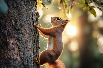 Obraz premium A quick and agile squirrel climbing up a tall tree trunk