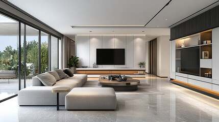 Fototapeta premium Modern living room interior with arch, marble decoration and dark grey on wall. modern black living room with sofa.