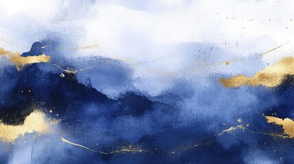 An abstract watercolor texture with deep indigo and midnight blue hues, overlaid with gold brush strokes, evoking a luxurious night sky for a summer banner.