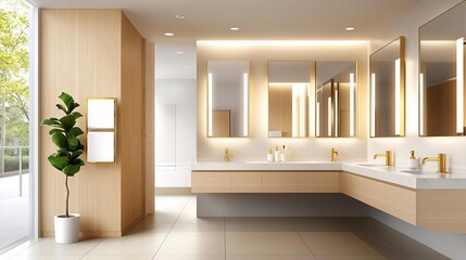 Modern bathroom interior with sleek design, wooden accents, illuminating mirrors, and indoor plants creating a serene and stylish environment.