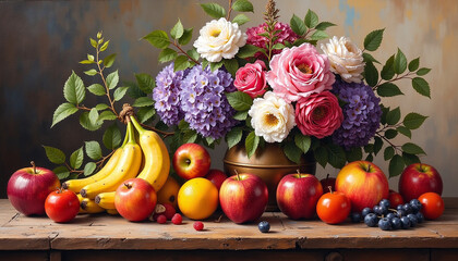 Still life, vibrant fruits and flowers on a rustic wooden table, with rich, layered colors, classic and elegant