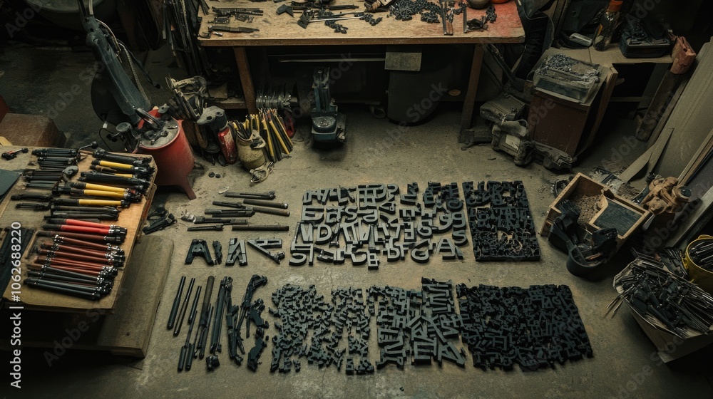 Poster workshop scene with assorted tools and parts