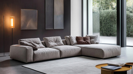 Fototapeta premium Stylish interior of room with comfortable big sofa near dark brick wall, Luxury dark living room interior background, black empty wall mock up, living room mock up.