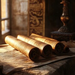 Fototapeta premium Sacred text, Torah as foundational scripture of Judaism, containing divine teachings, laws, guiding spiritual, ethical lives of Jewish communities throughout history, across generations.