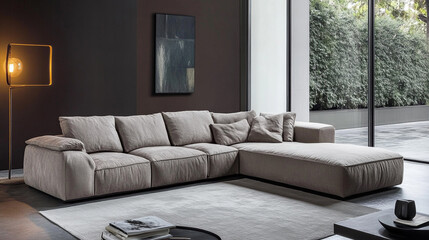 Stylish interior of room with comfortable big sofa near dark brick wall, Luxury dark living room interior background, black empty wall mock up, living room mock up.