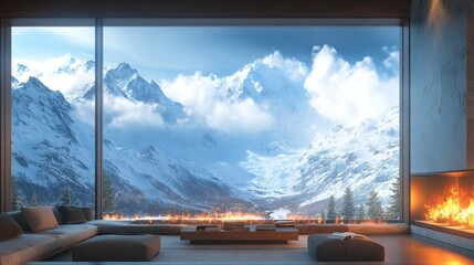 Cozy interior with a view of snowy mountains and a fireplace.