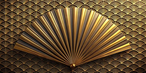 Art deco fan with gold and black details on geometric background, with depth of field blur