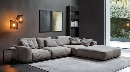 Stylish dark living room interior with gray sofa mock up, modern interior background,  luxury modern dark living room interior, mock up of a black empty wall.