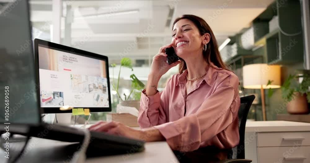 Poster computer, phone call and typing with business woman at desk in office for administration or report. 