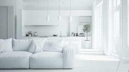 Stylish white living room interior with gray sofa mock up, modern interior background, Mockup design for poster on living room. Brutal interior style. 