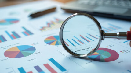 Printed documents with colorful charts and graphs analyzed through a magnifying glass.