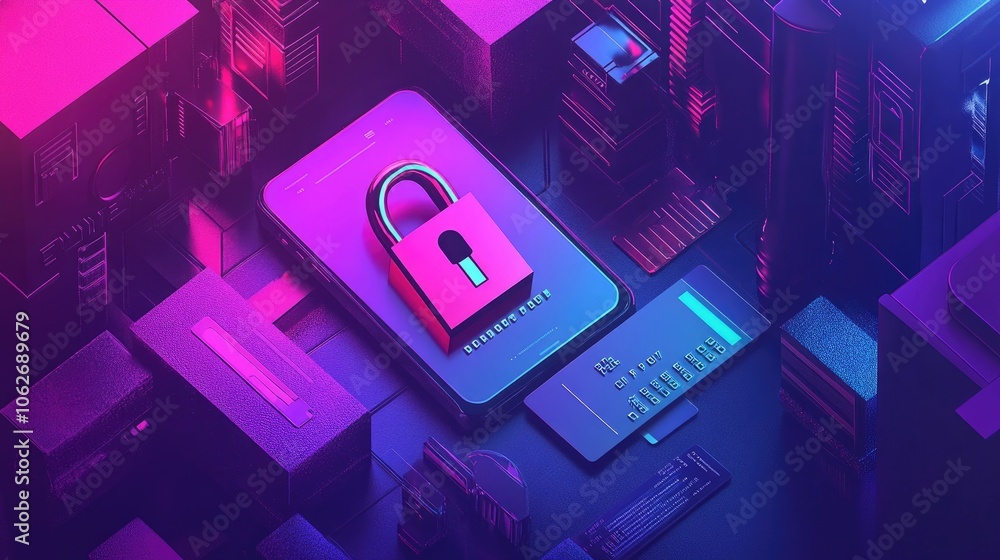 Poster secure connections in digital landscape with lock icon