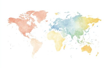 Colorful watercolor world map with soft pastel tones, white isolated background.