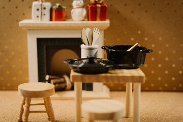 Cozy Kitchen Scene with Christmas Decor and Fireplace