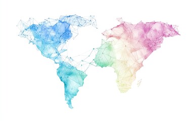 Colorful watercolor world map on white isolated background.
