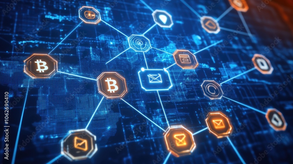 Poster digital network with blockchain and communication icons