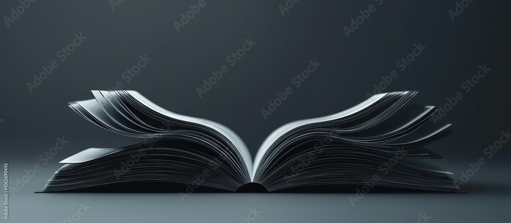 Poster detailed 3d visualization of an open book with turning pages.