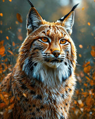 Fototapeta premium The image shows a lynx, close-up. She has a thick coat with a spotted color