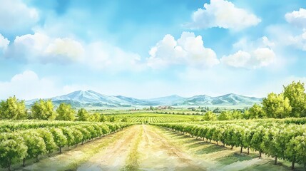 Fototapeta premium Watercolor farm landscape with rows of evenly spaced green trees, a gentle slope leading to a distant mountain range, and soft clouds floating in the sky.