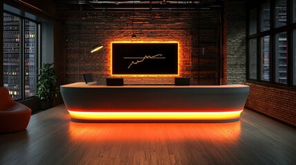 Sleek modern newsroom set with illuminated news desk display