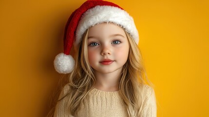 Adorable little girl wearing a festive red Santa hat against a bright yellow background, perfect for holiday celebrations