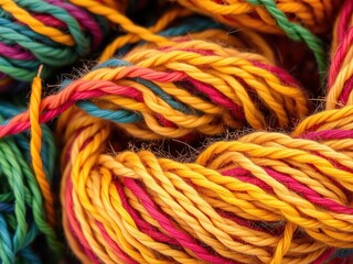 Close up of a vibrant and colorful skein of yarn fibers, close up, vibrant, handcraft