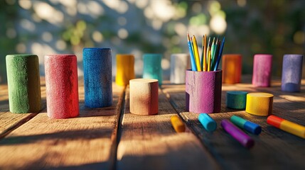 Obraz premium Colorful Pencils and Cylinders on Wooden Table in Sunlit Outdoor Setting with Artistic Shadows and Vibrant Colors