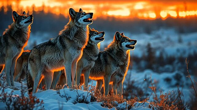 A pack of wolves howling at sunset, surrounded by snow and a vibrant sky.