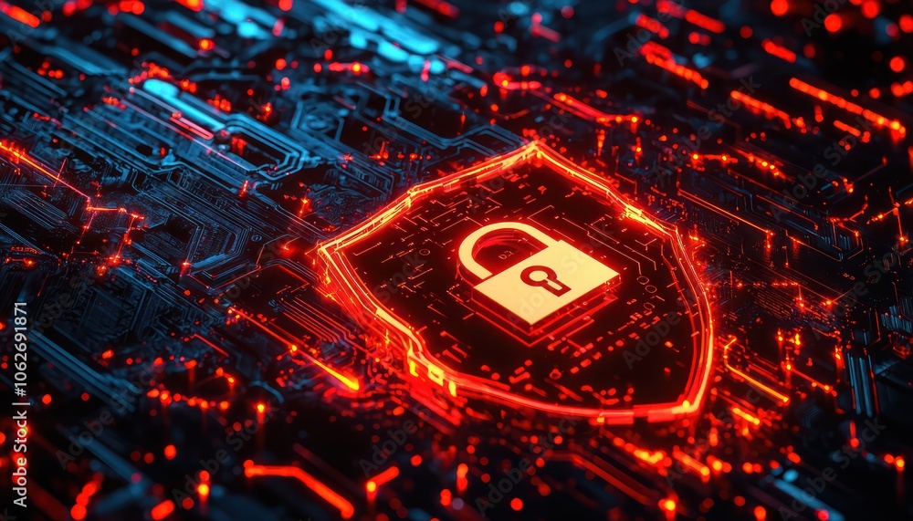 Poster a 3d visualization of a shield and lock representing cybersecurity measures.