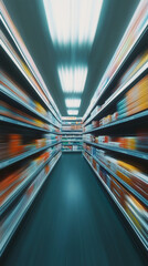 Abstract view of a grocery store aisle with motion blur, creating a sense of speed and focus on consumer goods and retail shopping