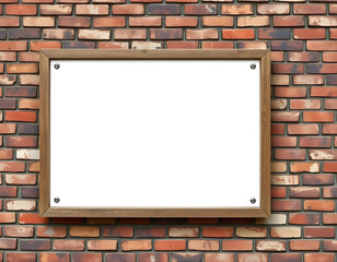 Blank white sign with wooden frame hanging on red brick wall providing copy space for advertisement