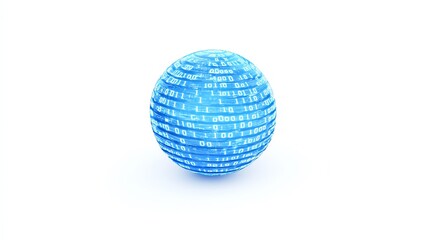 Blue digital sphere designed with binary code on a white isolated background.