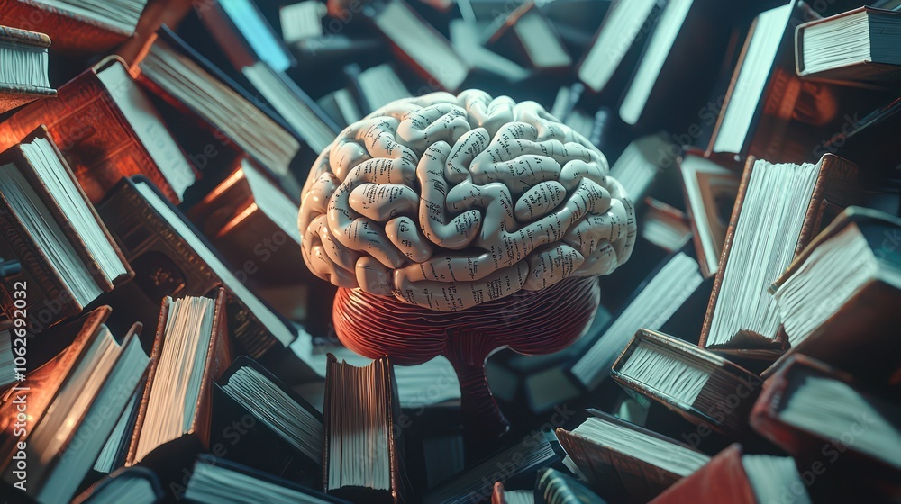 Poster three-dimensional rendering of a brain with books, indicating knowledge acquisition.