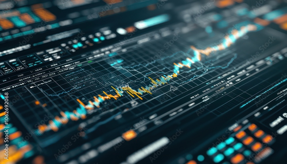 Poster detailed 3d rendering of a stock market chart showing up and down trends.