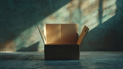 Three-dimensional illustration of an open cardboard box, emphasizing space.