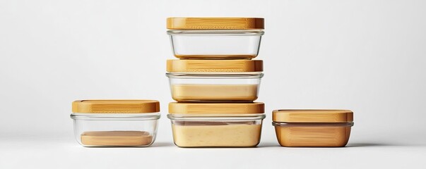 Set of stackable, glass containers with bamboo lids on a white background, perfect for food storage and organization in kitchen.
