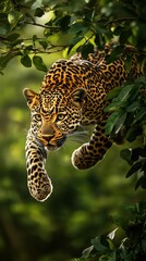 Naklejka premium A sleek leopard mid-leap as it pounces from a high tree branch