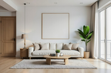 Luxury architecture interior of living room and white linen sofa home. Created using generative artificial intelligence technology.