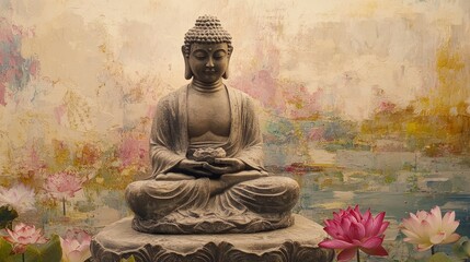 A meditating Buddha statue sits in front of a colorful lotus flower background.