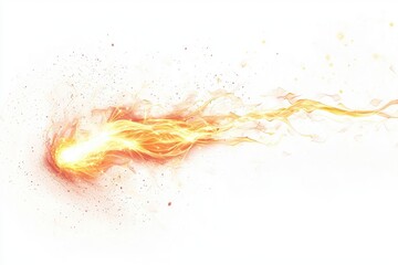 Fototapeta premium A fiery trail of yellow and orange flames with sparks shooting off against a white background.