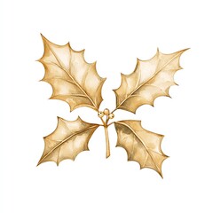 Holly leaves with a vintage golden finish on a white isolated background.