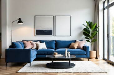 Luxury architecture interior of living room and blue linen sofa. Created using generative artificial intelligence technology.