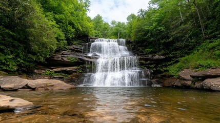 A serene waterfall cascading over rocks, surrounded by lush green foliage and clear waters, creating a peaceful natural atmosphere.