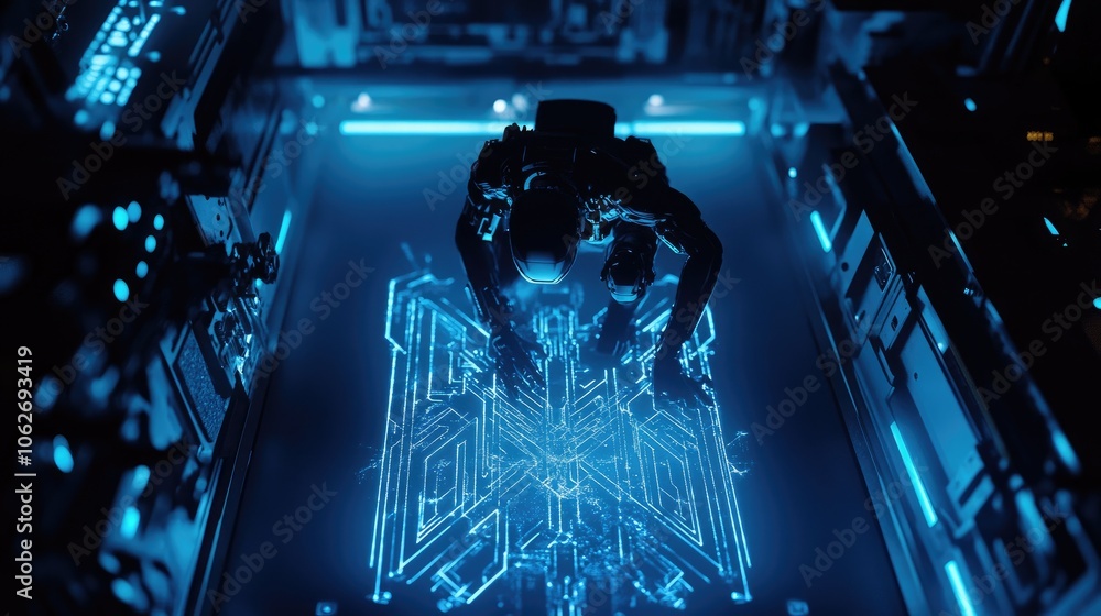 Poster futuristic robot analyzing digital data in neon glare