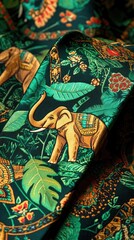 Naklejka premium Vibrant Fabric with Intricate Elephant and Jungle Patterns in Rich Green and Gold Tones
