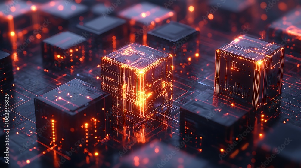 Poster glowing cubes connected by circuitry on a dark background