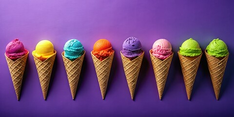 Colorful Ice Cream Cones on Purple Background - Sweet and Refreshing Treat for Summer, Dessert Lovers, and Ice Cream Enthusiasts