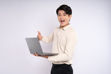 adult, advertisement, asian, background, beige sweater, business, casual, cheerful, chinese, computer, confident, cool, emotion, enjoy, excited, face, facial expression, fashion, filipinos, finger, ge