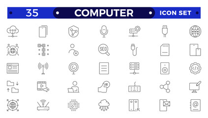 Computer icon set. Containing online, computer, network, website, server, web design, hardware, software monitor, smartphone, tablet and laptop and programming . Outline icons vector collection.