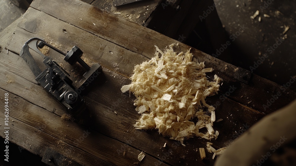 Poster handcrafted woodwork in rustic workshop setting